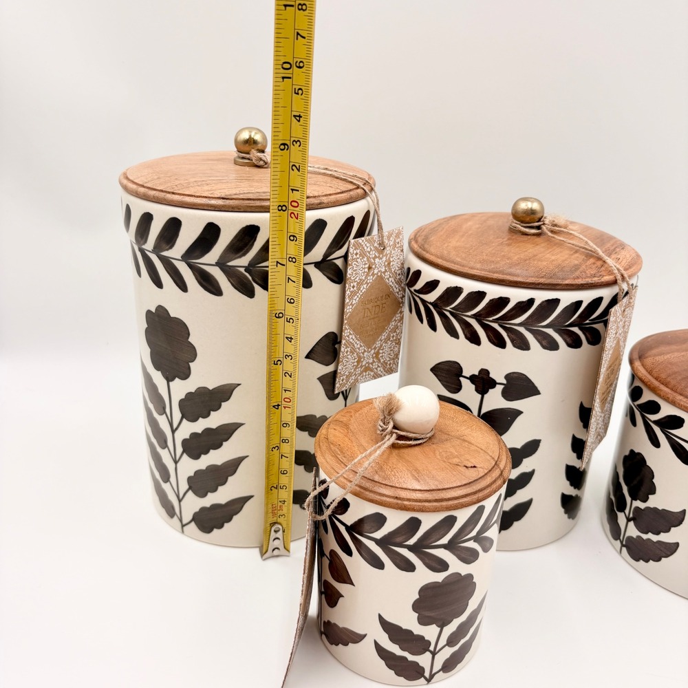 Made in India 4pc Ceramic Canister Set Black Cream Botanical Wood Lids New - Picture 5 of 6